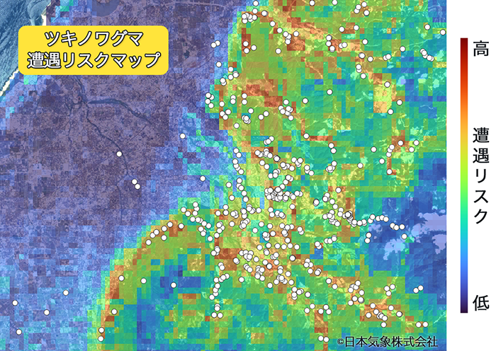 石川県金沢市周辺のクマ遭遇リスクマップ拡大図