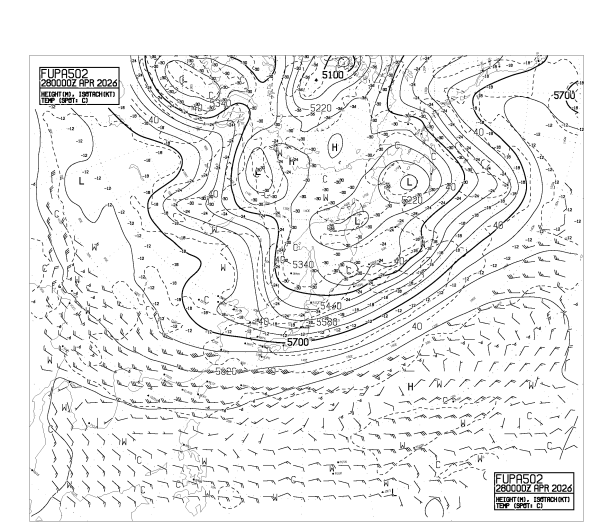 アジア太平洋500hPa高度・気温・風予想図