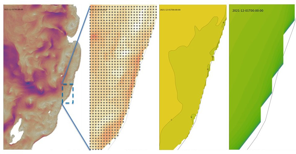 左:東北日本海側 流況(0m)、右:新潟佐渡沖拡大 流況(0m)